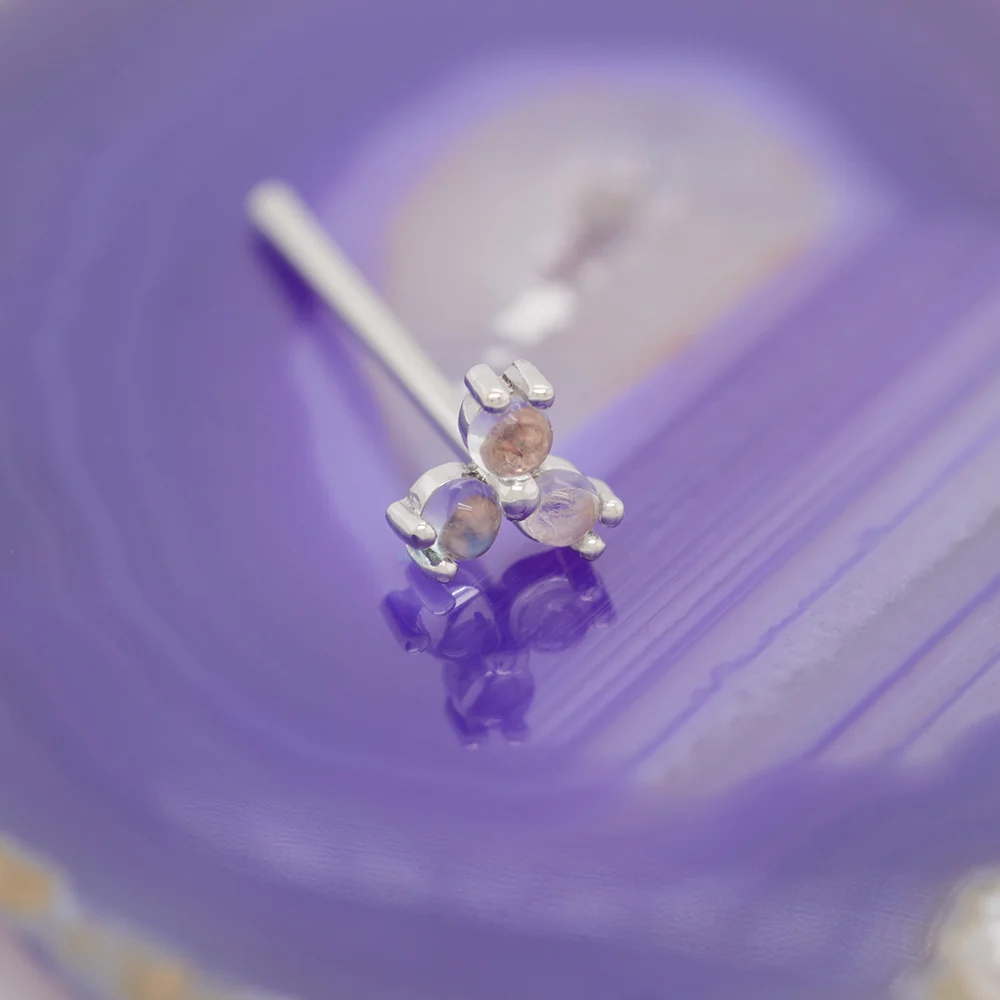Tri Prong Cabochon Cluster Nostril Screw in Gold with Rainbow Moonstone - Image 2
