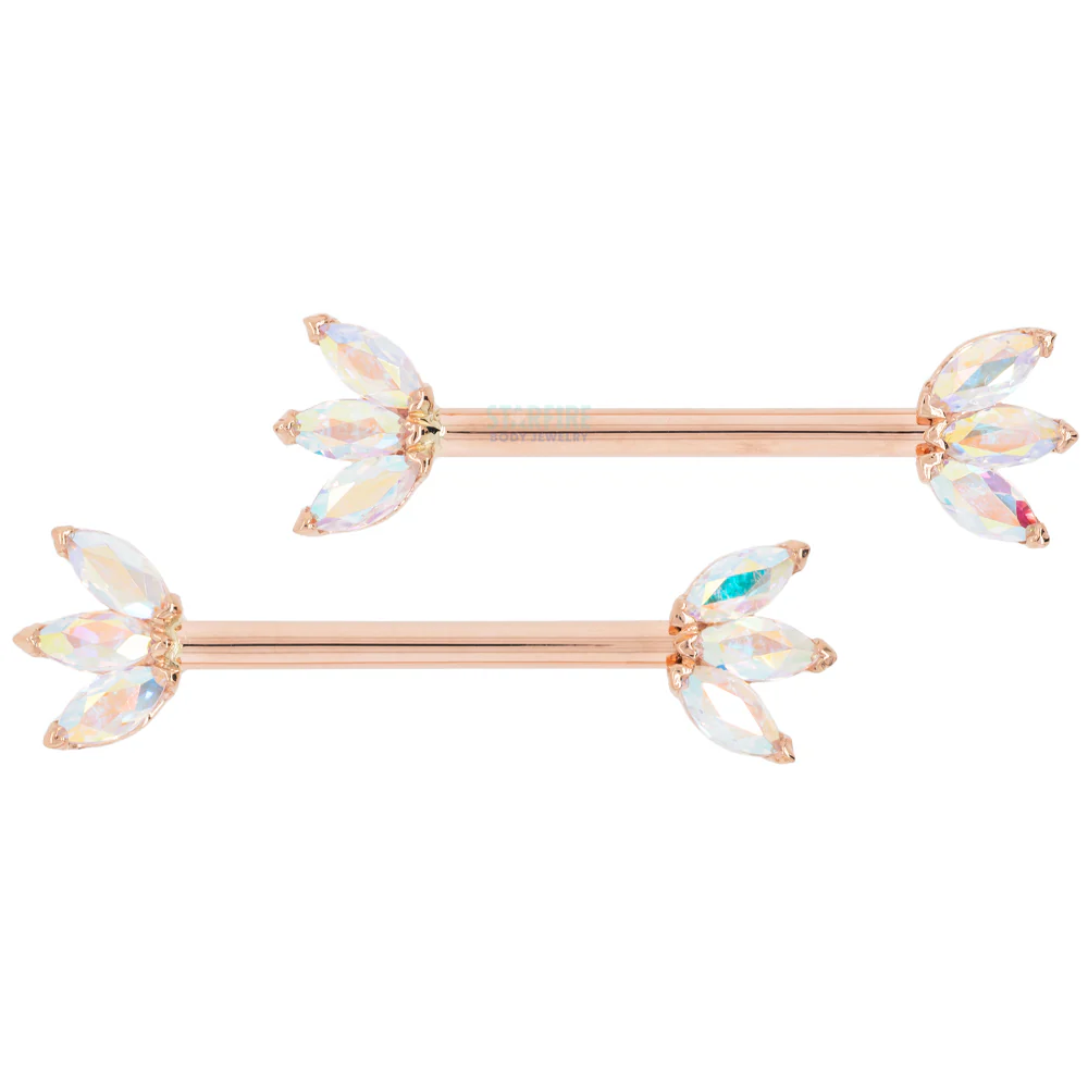 Triple Marquise Fan Forward Facing Nipple Barbells in Gold & Platinum with Mercury Mist Topaz'