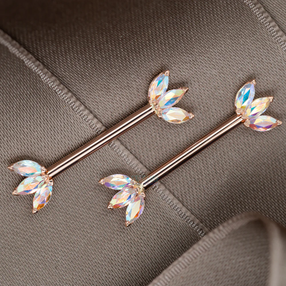 Triple Marquise Fan Forward Facing Nipple Barbells in Gold & Platinum with Mercury Mist Topaz' - Image 2