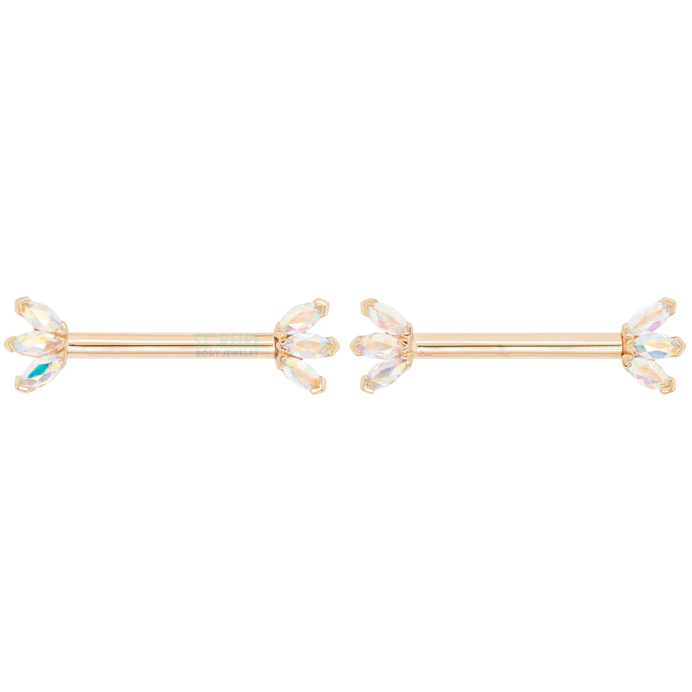 Triple Marquise Fan Forward Facing Nipple Barbells in Gold & Platinum with Mercury Mist Topaz' - Image 3
