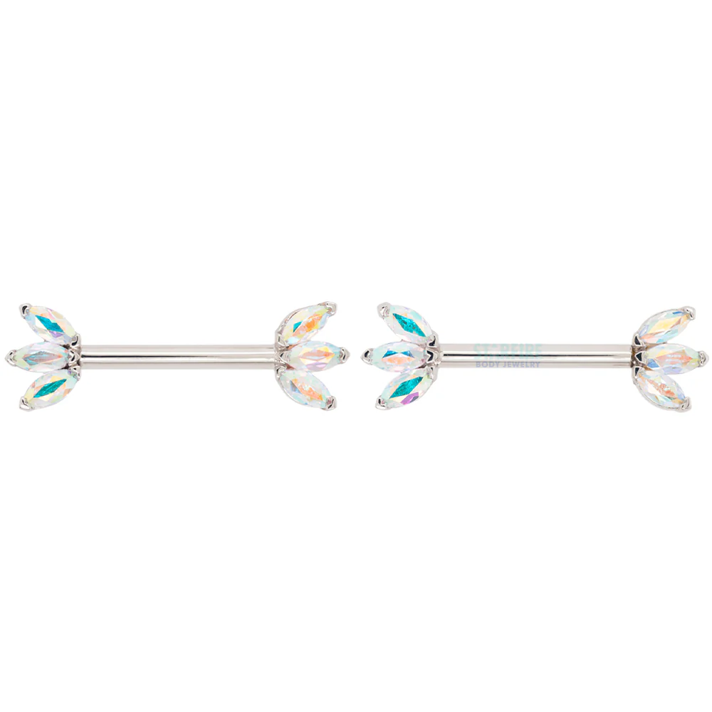 Triple Marquise Fan Forward Facing Nipple Barbells in Gold & Platinum with Mercury Mist Topaz' - Image 4