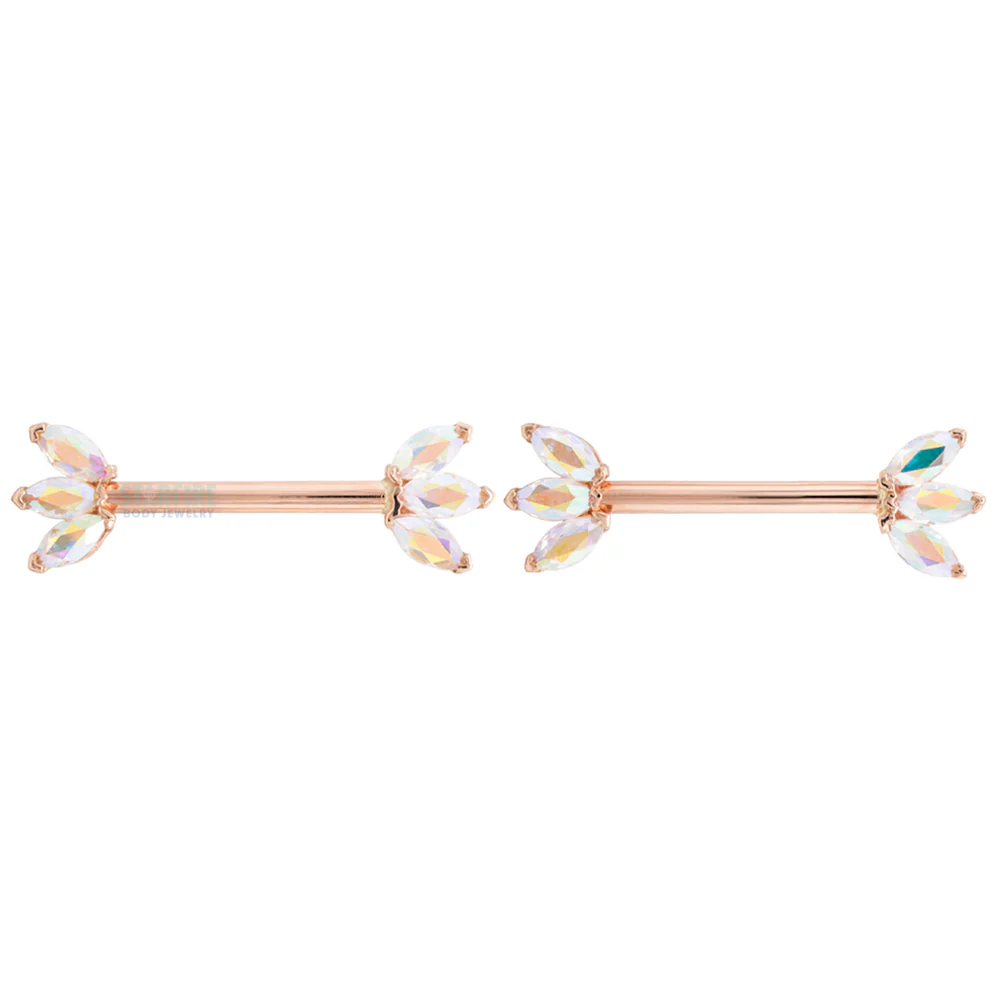 Triple Marquise Fan Forward Facing Nipple Barbells in Gold & Platinum with Mercury Mist Topaz' - Image 5