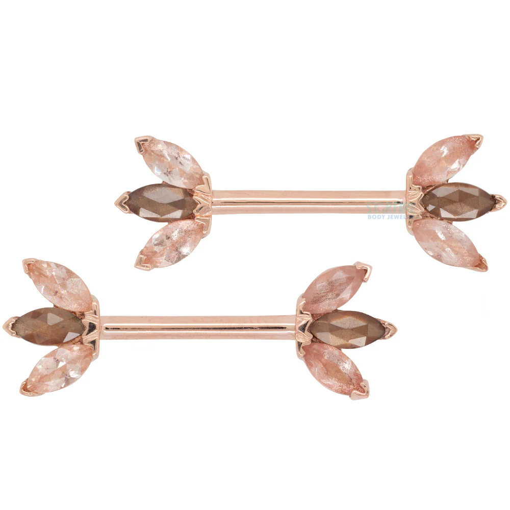 Triple Marquise Fan Forward Facing Nipple Barbells in Gold & Platinum with Oregon Sunstone & Zawadi Sapphire