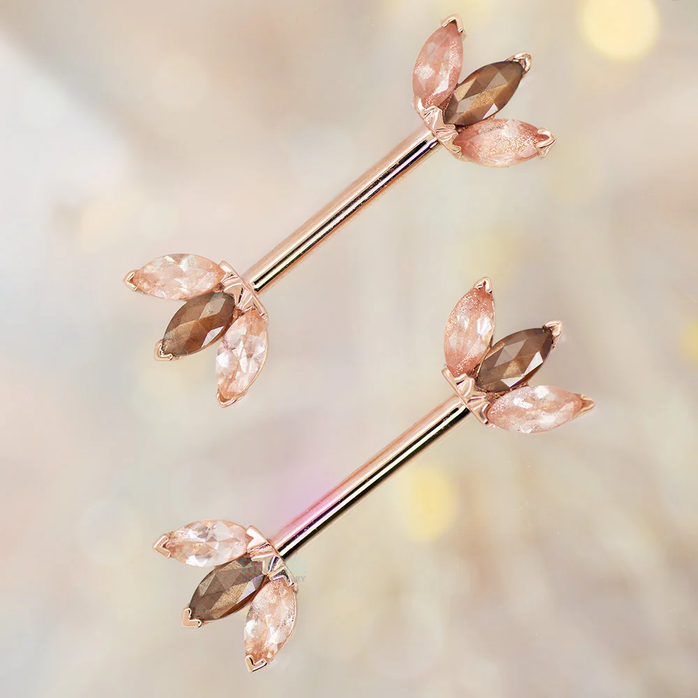 Triple Marquise Fan Forward Facing Nipple Barbells in Gold & Platinum with Oregon Sunstone & Zawadi Sapphire - Image 2