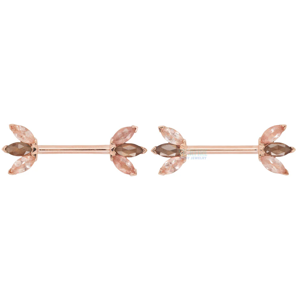 Triple Marquise Fan Forward Facing Nipple Barbells in Gold & Platinum with Oregon Sunstone & Zawadi Sapphire - Image 3