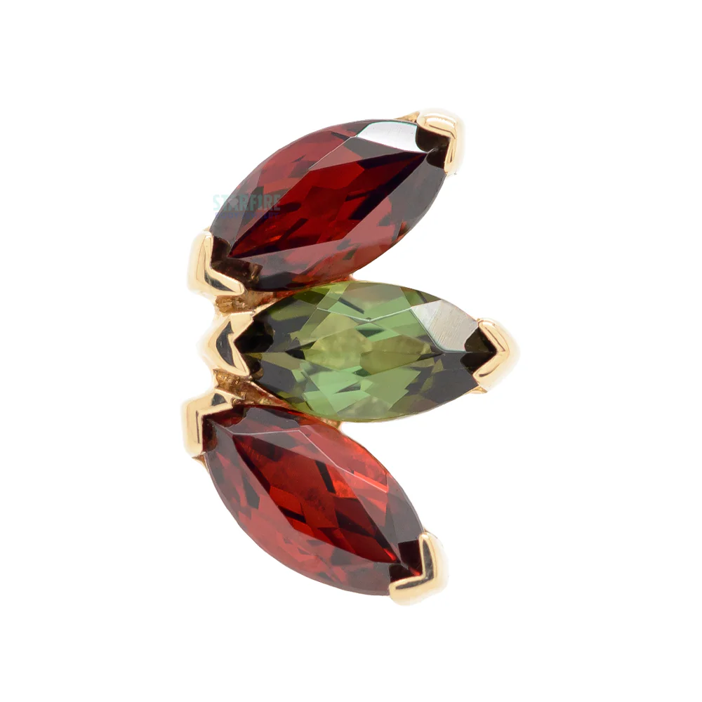 Triple Marquise Fan Threaded End in Gold & Platinum 'Holiday Collection' with Garnet & Green Tourmaline - Image 4