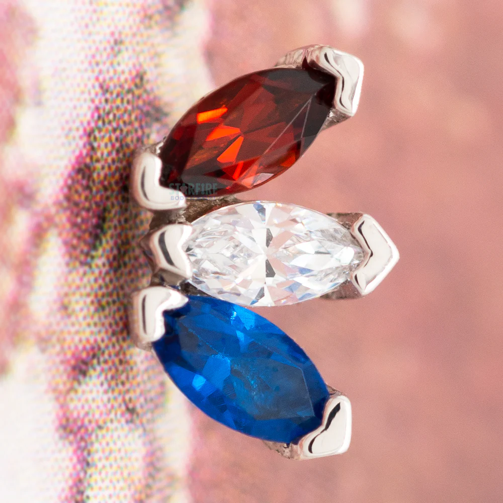 Triple Marquise Fan Threaded End in Gold & Platinum with Garnet, White CZ, and Synthetic Dark Blue - Image 2
