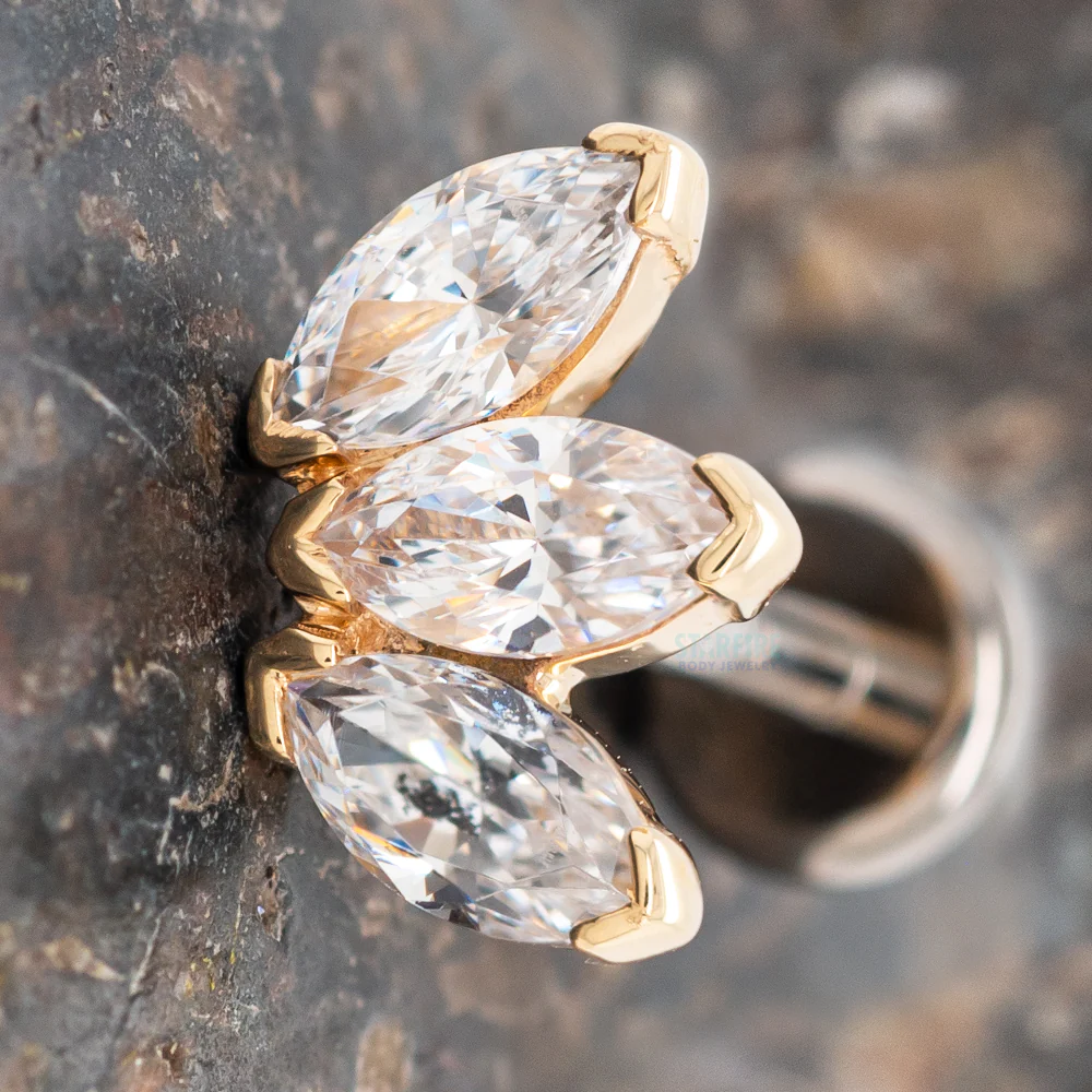 Triple Marquise Fan Threaded End in Gold & Platinum with White CZ's - Image 2