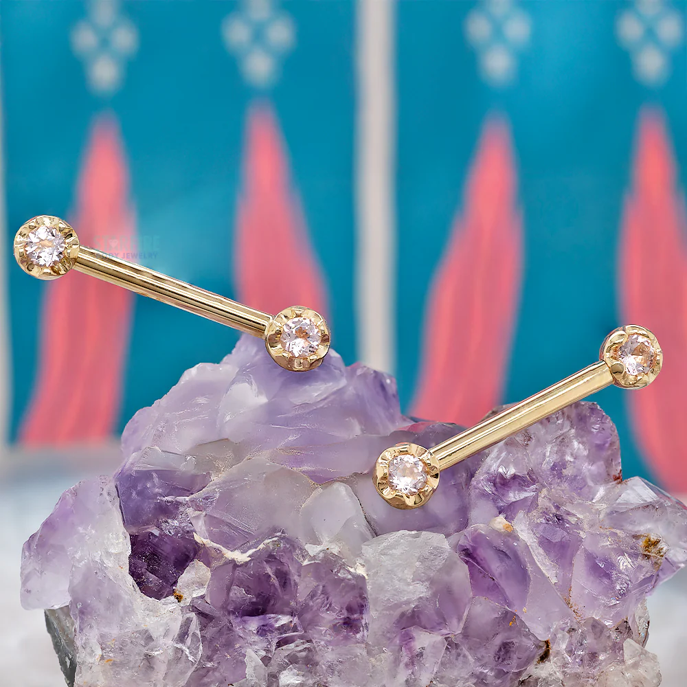 "Tulip Bell" Forward Facing Nipple Barbells in Gold with Morganite - Image 2