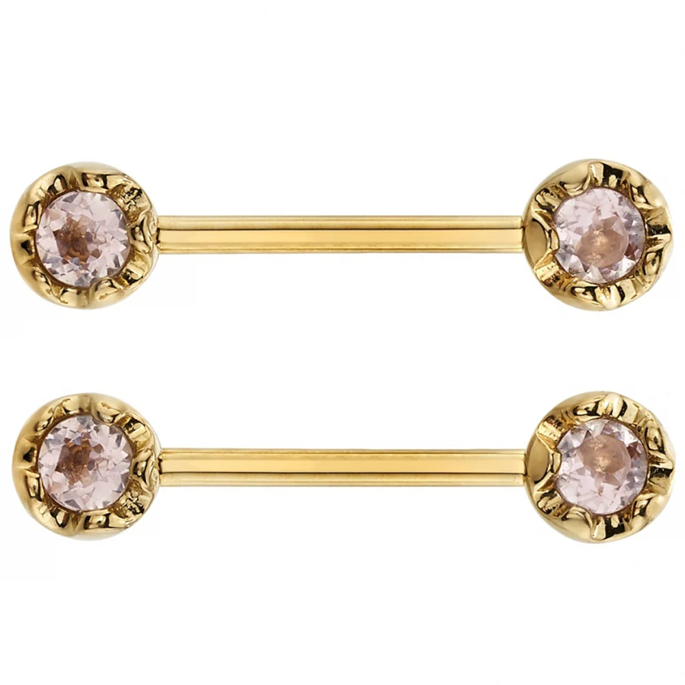 "Tulip Bell" Forward Facing Nipple Barbells in Gold with Morganite - Image 3