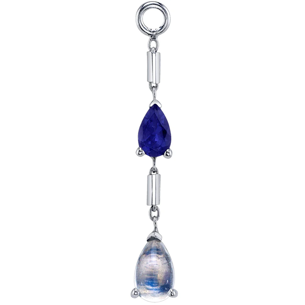 "Two Tears" Chain Charm in Gold with Iolite & Rainbow Moonstone - Image 2