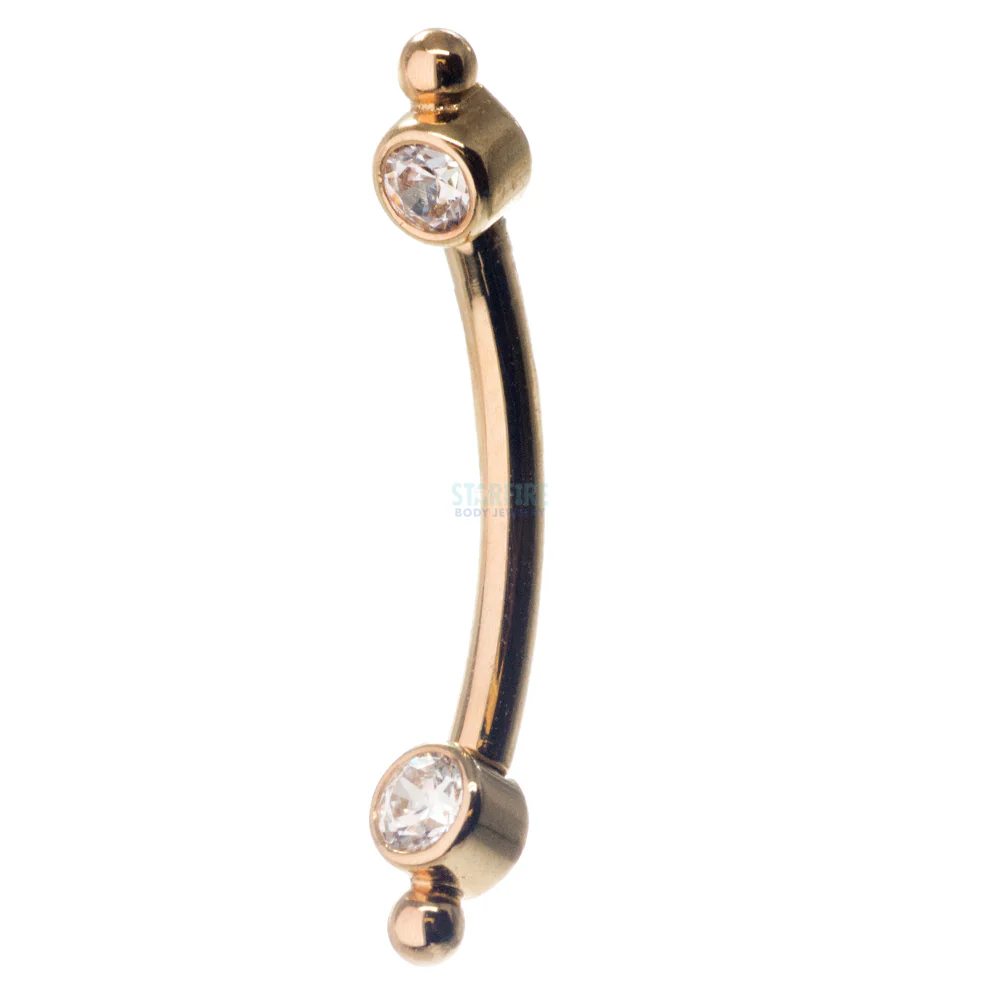 Gold Curved Barbell with White CZ's in Forward Facing Bezels & Bead Accents - Image 2