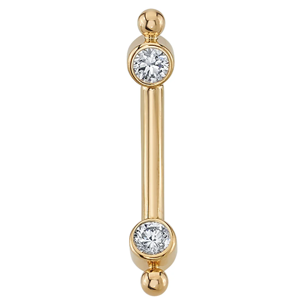 Gold Curved Barbell with White CZ's in Forward Facing Bezels & Bead Accents - Image 3