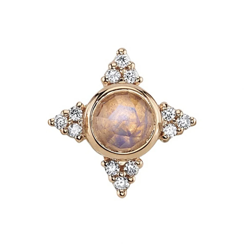 "Desimone" Threaded End in Gold with Rose Cut Rainbow Moonstone & White CZ's