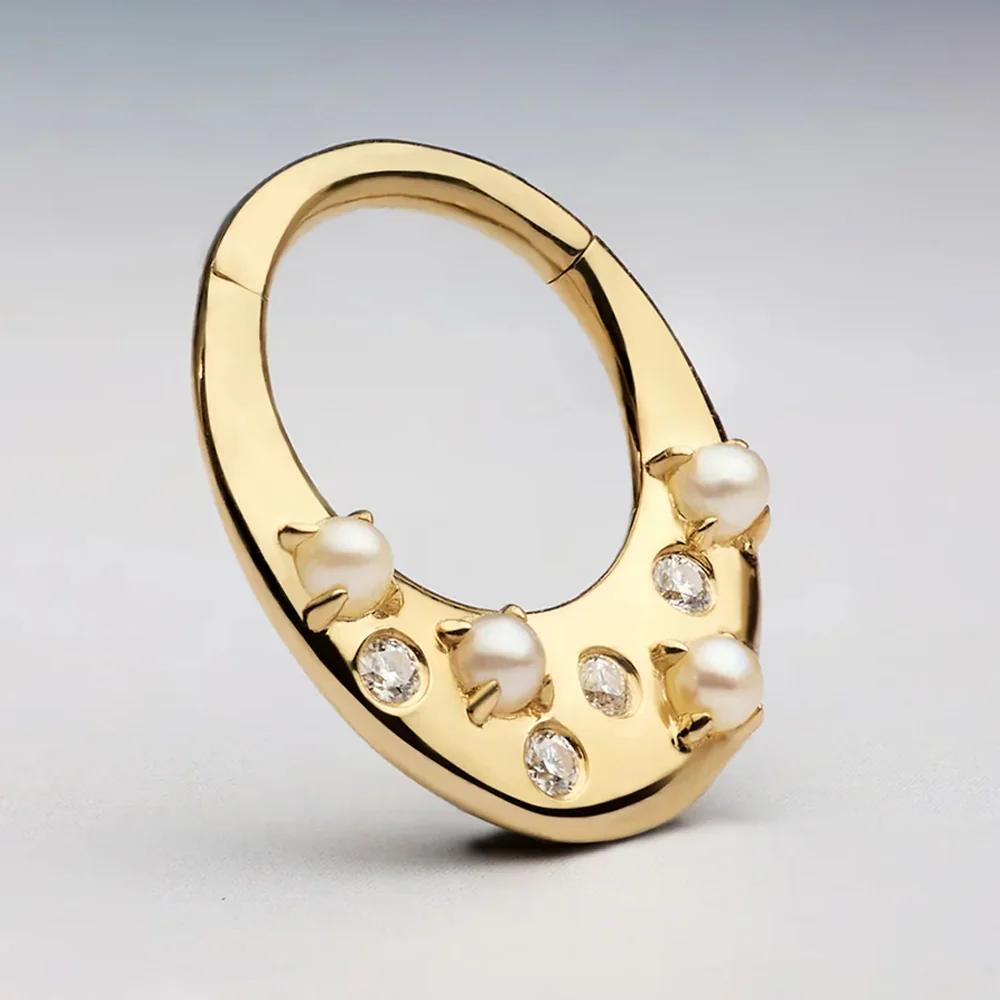 "Glow Getter" Hinge Ring / Clicker in Gold with Pearl & Moissanites - Image 2