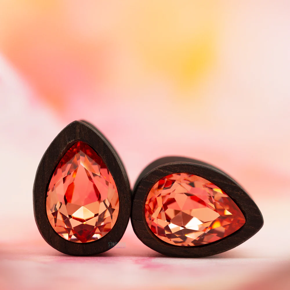 Teardrop Swarovski Plugs in Wood - Padparadscha - Image 2