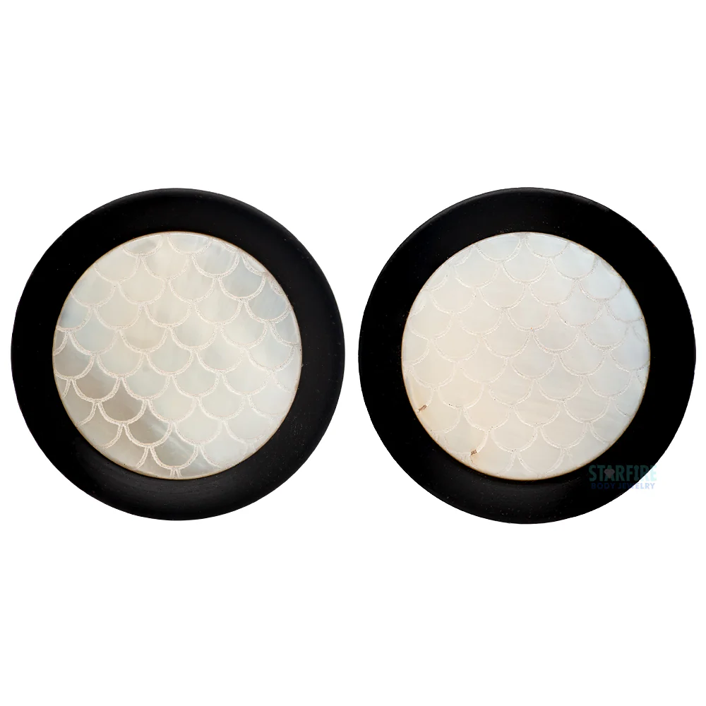 Round Mother of Pearl Scale Plugs in Wood - Image 3