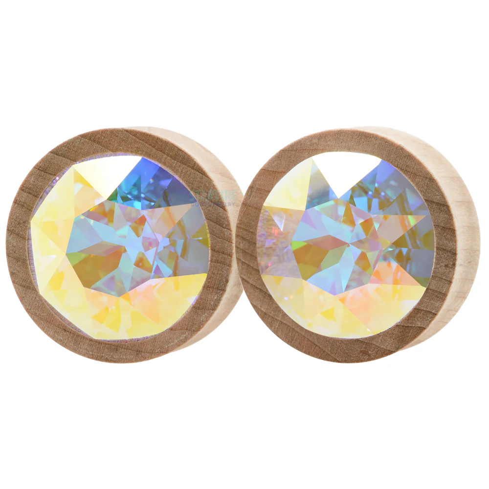Round Swarovski Plugs in Maple Wood - Crystal AB - Image 2