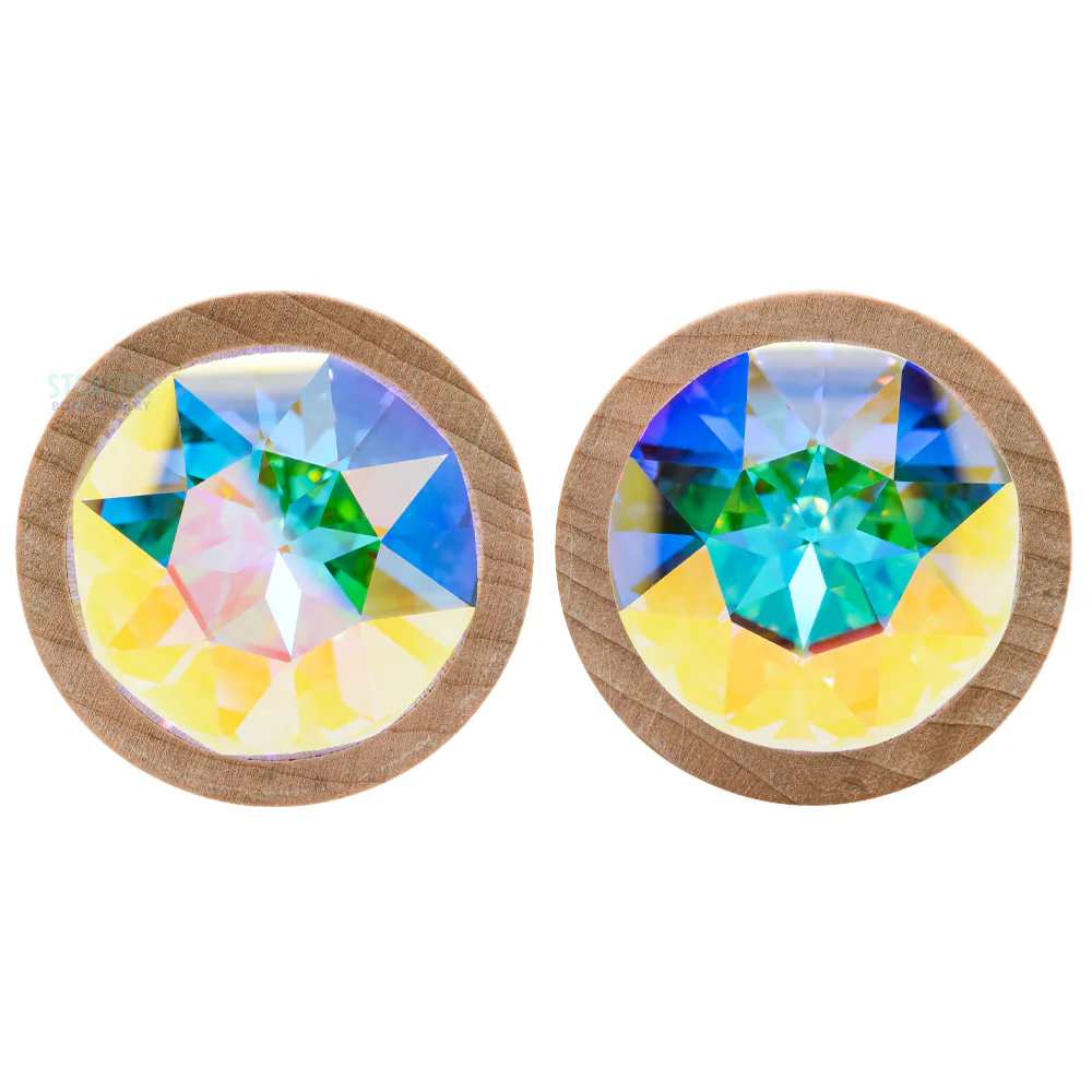 Round Swarovski Plugs in Maple Wood - Crystal AB - Image 3