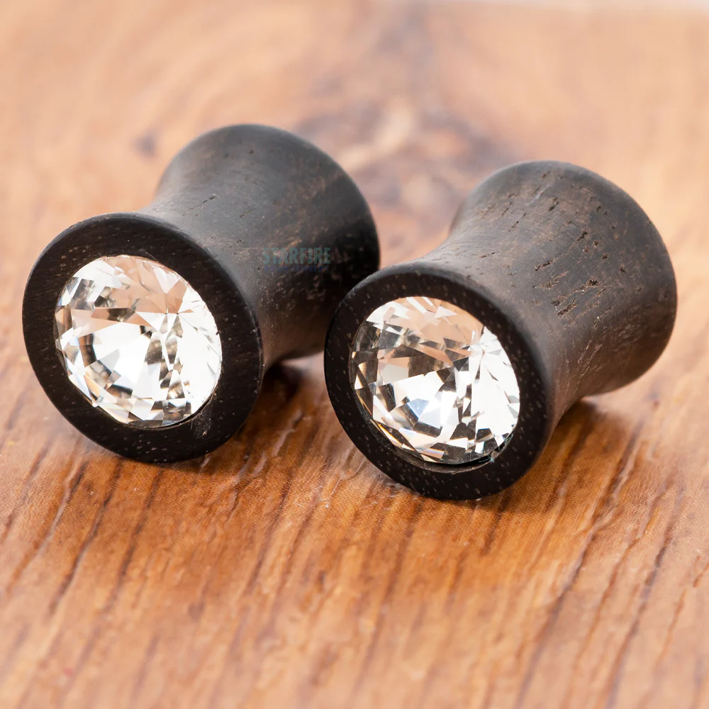 Round Swarovski Plugs in Wood - Crystal - Image 2
