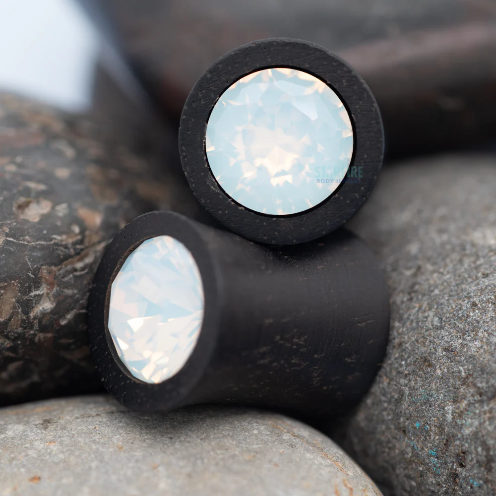 Round Swarovski Plugs in Wood - White Opal - Image 2