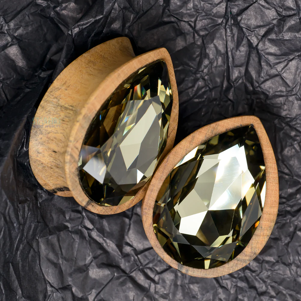 Teardrop Swarovski Plugs in Black & White Ebony Wood - Black Diamond - Image 2
