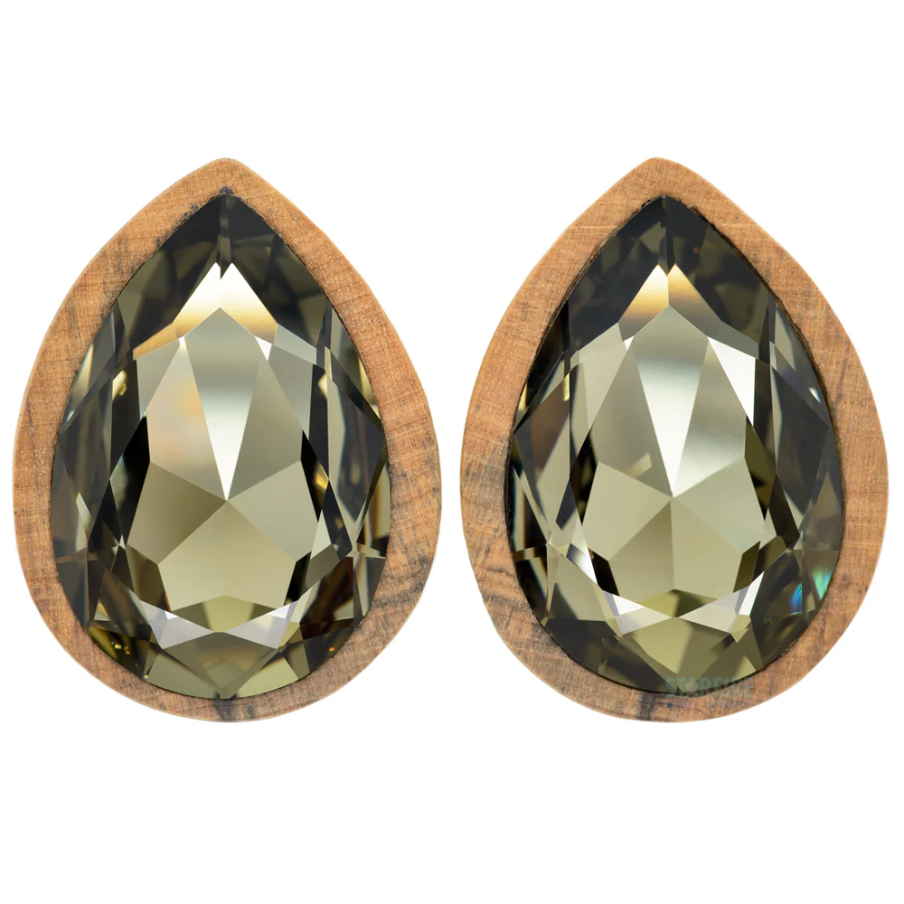 Teardrop Swarovski Plugs in Black & White Ebony Wood - Black Diamond - Image 3