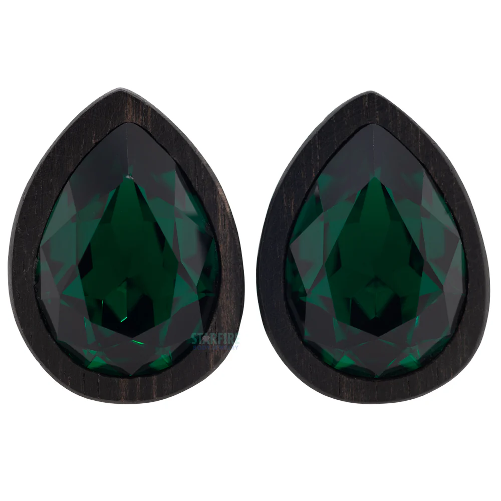 Teardrop Swarovski Plugs in Wood - Emerald