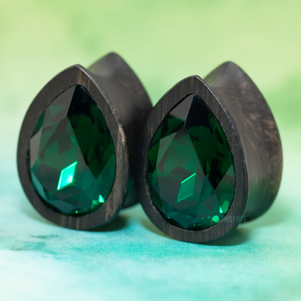 Teardrop Swarovski Plugs in Wood - Emerald - Image 2