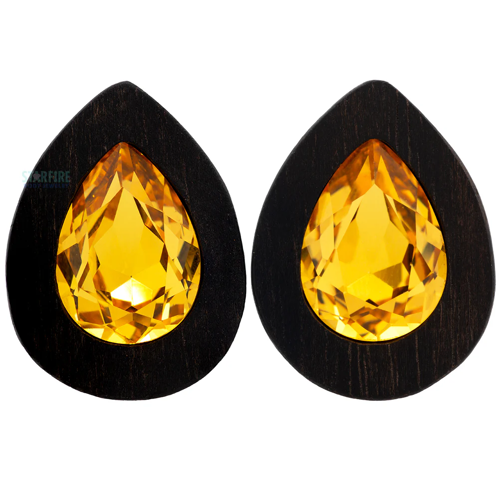 Teardrop Swarovski Plugs in Wood - Light Topaz - Image 3