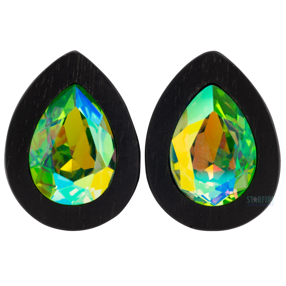 Teardrop Swarovski Plugs in Wood - Peridot AB