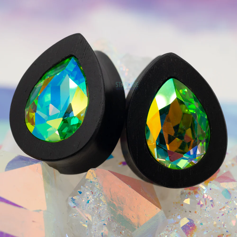 Teardrop Swarovski Plugs in Wood - Peridot AB - Image 2