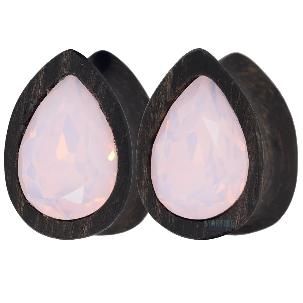 Teardrop Swarovski Plugs in Wood - Rose Opal