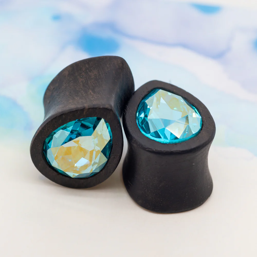 Teardrop Swarovski Plugs in Wood - Sapphire AB - Image 2