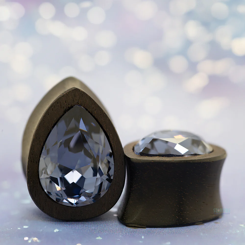 Teardrop Swarovski Plugs in Wood - Tanzanite - Image 2