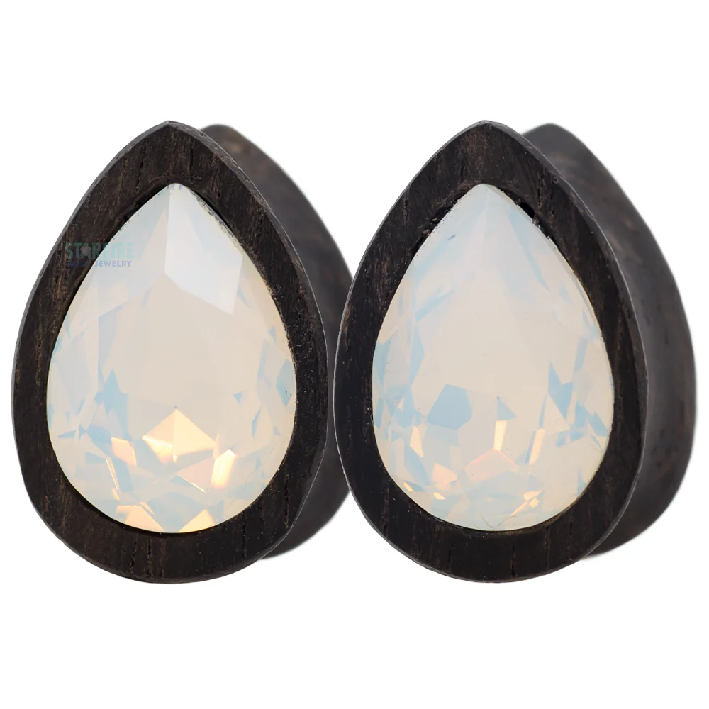 Teardrop Swarovski Plugs in Wood - White Opal
