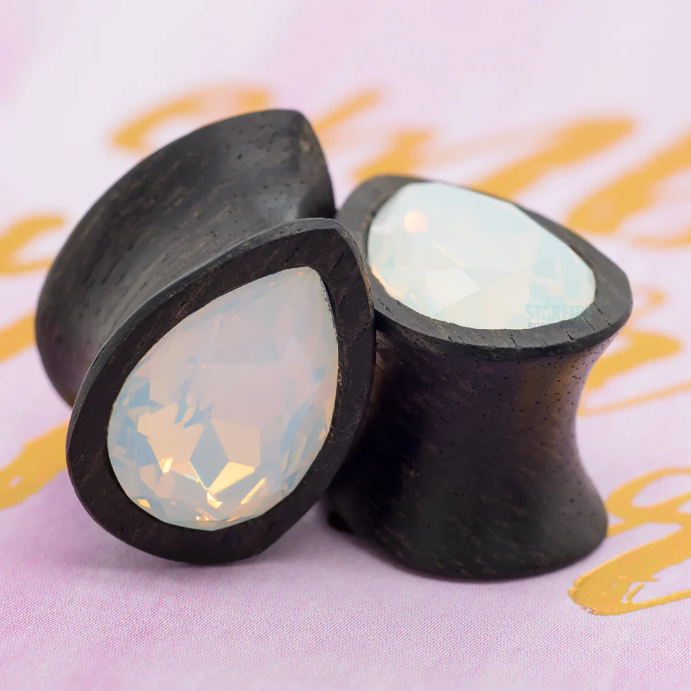 Teardrop Swarovski Plugs in Wood - White Opal - Image 2