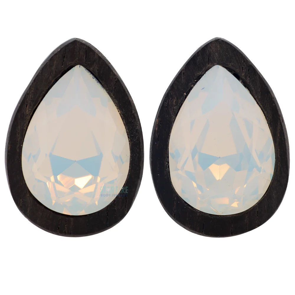 Teardrop Swarovski Plugs in Wood - White Opal - Image 3