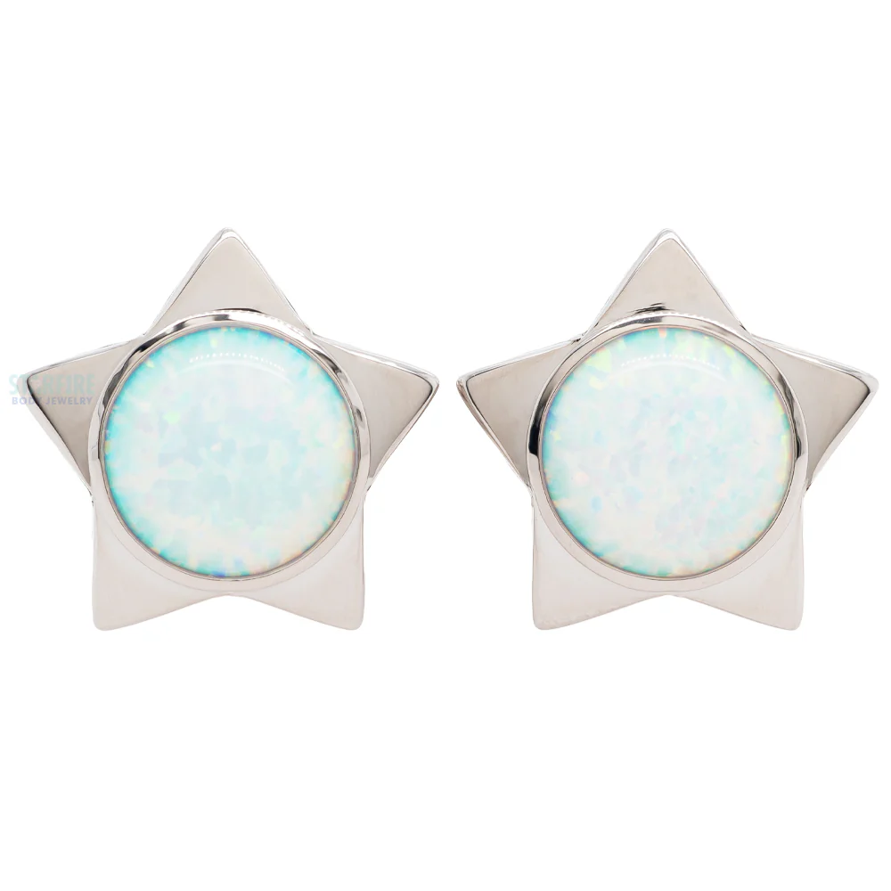 Gem Star Plugs with Opal Cabochon - White Opal - Image 2