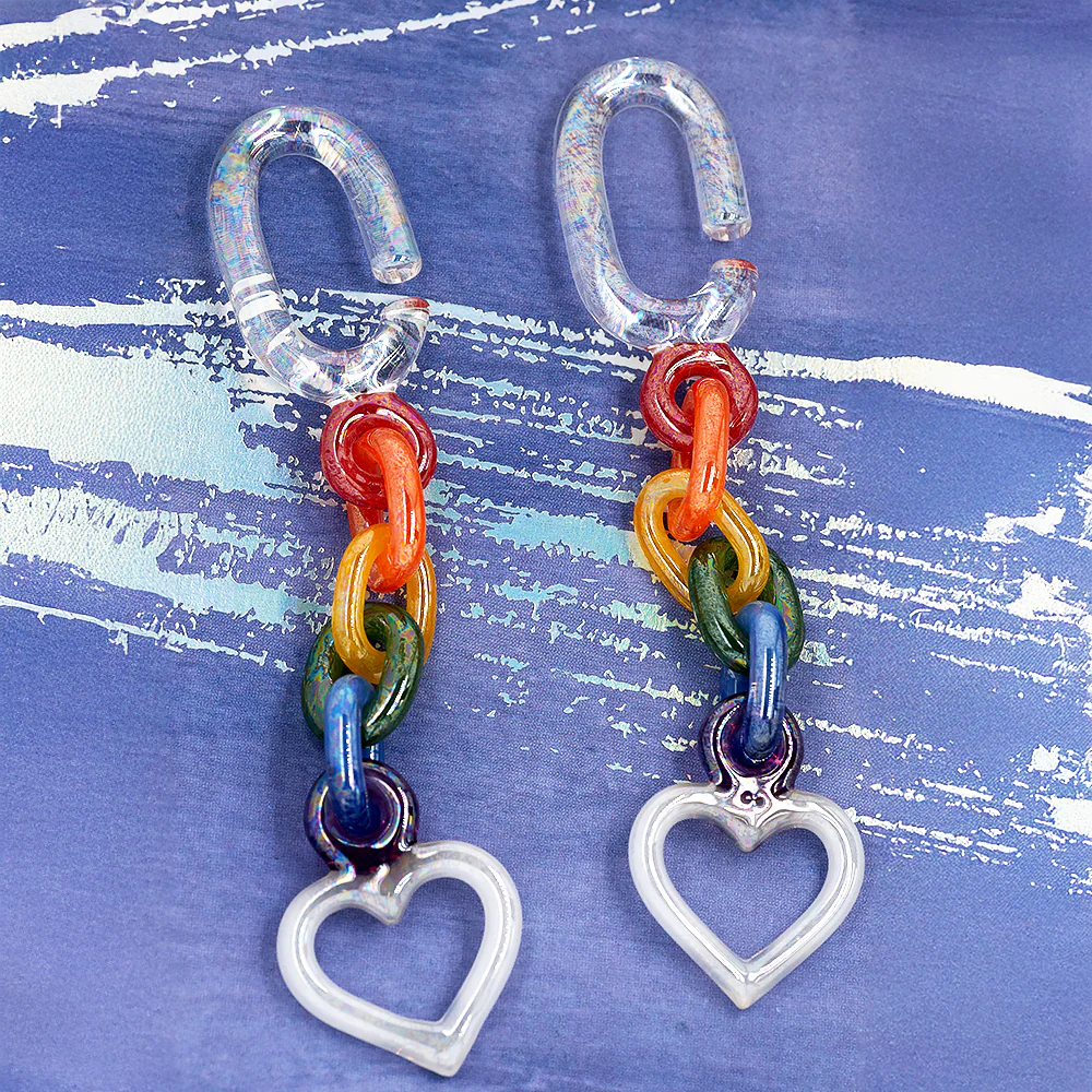 Glass Chain Weights with Heart - Oil Slick Clear with Rainbow & UV White Pink - Image 2