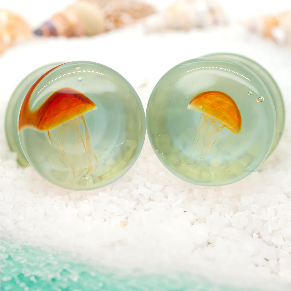 Jellyfish - Amber/Purple on Caribbean Blue Glass Plugs - Image 2