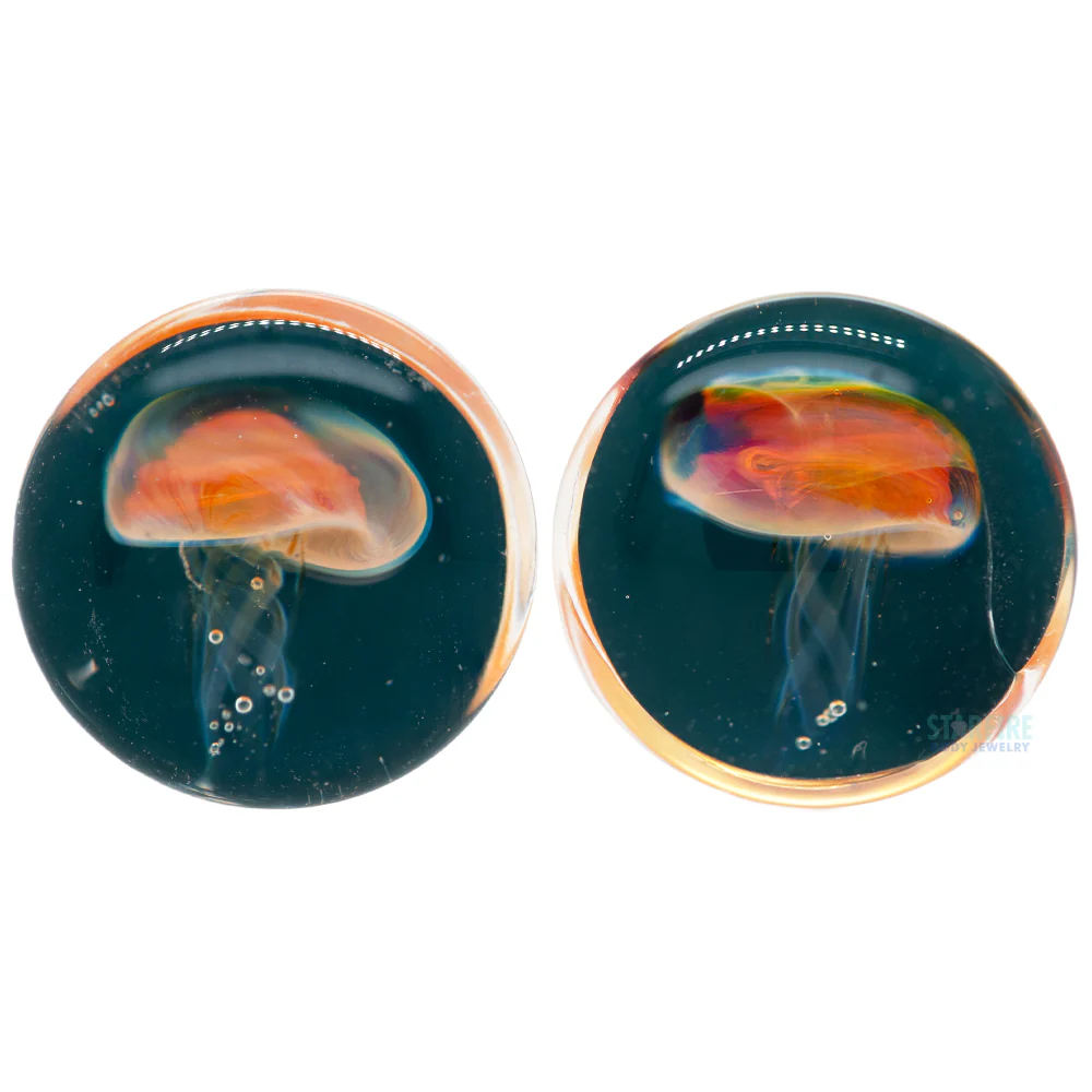 Jellyfish - Amber/Purple on Dark Aqua Glass Plugs - Image 2