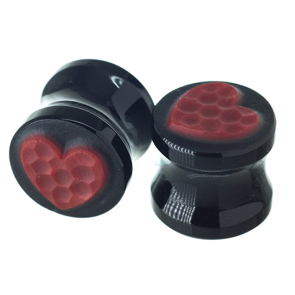 Heart Glass Plugs - Red Martele on Black - Image 3