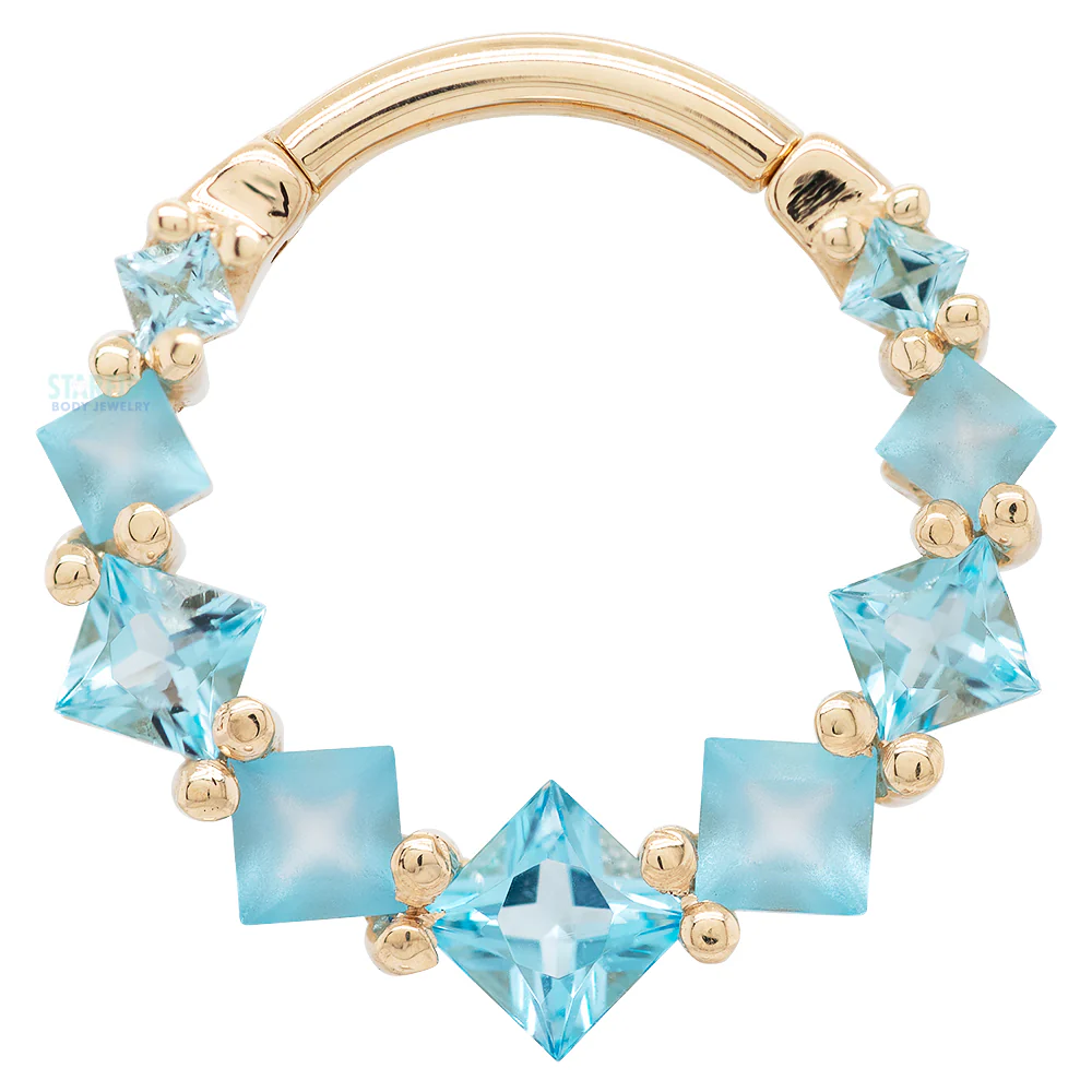 Graduating Tiffany Hinge Ring in Gold with Swiss Blue Topaz with Alternating Sandblasted Gems