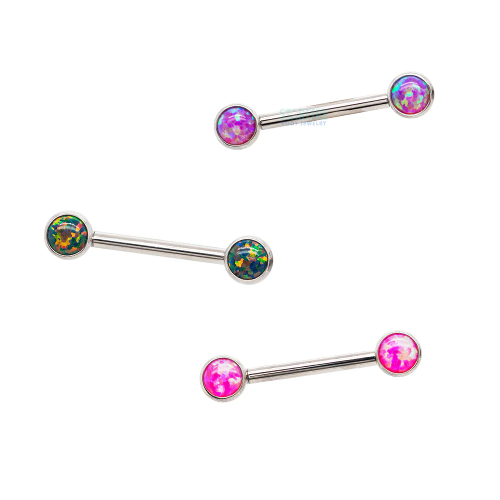 Opal Cabochon Forward Facing Nipple Barbell in Bezel's - single