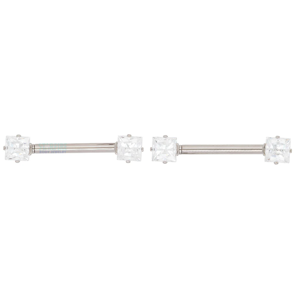 Princess-Cut Faceted Gem Forward Facing Nipple Barbell in 4-Prong's - pair