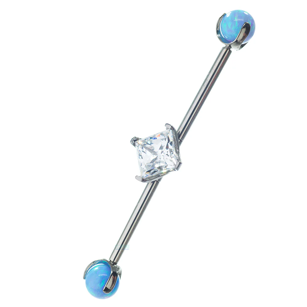 Princess-Cut Faceted Gem Industrial Barbell with Opal Balls in Prong's - Image 2