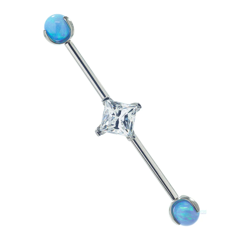 Princess-Cut Faceted Gem Industrial Barbell with Opal Balls in Prong's - Image 5