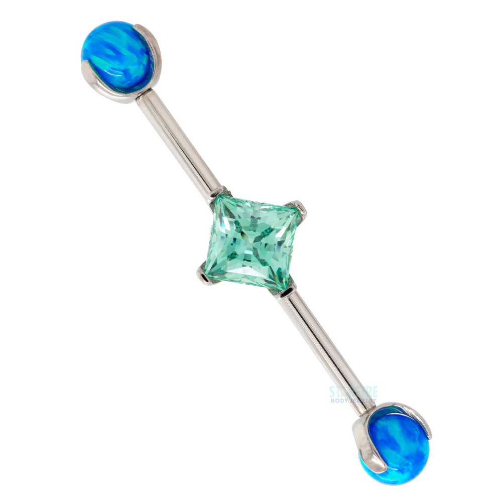 Princess-Cut Faceted Gem Industrial Barbell with Opal Balls in Prong's - Image 6
