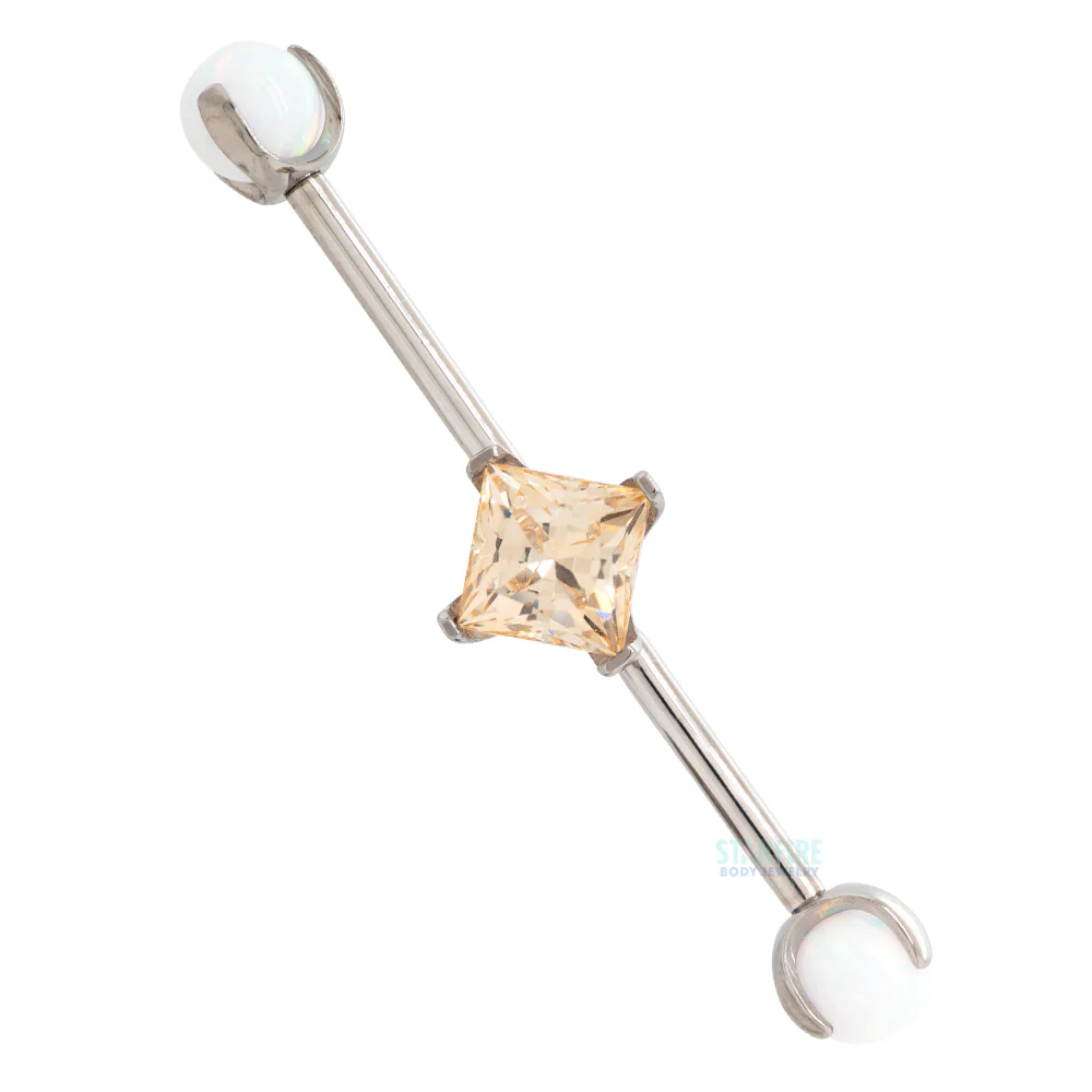 Princess-Cut Faceted Gem Industrial Barbell with Opal Balls in Prong's - Image 7
